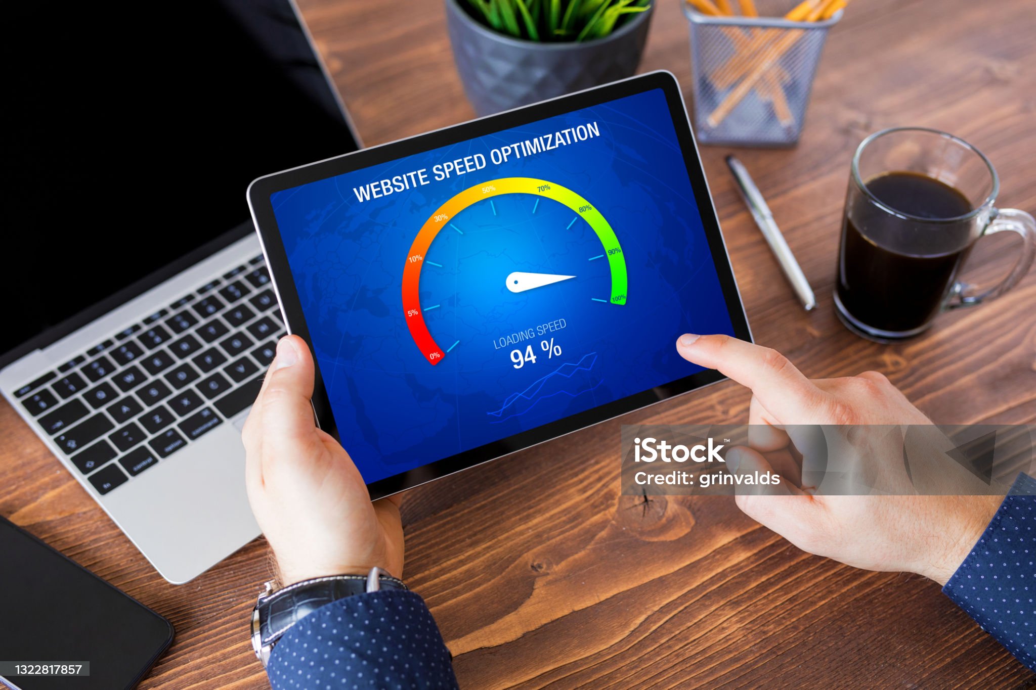 Male evaluating website loading speed, concept of page speed optimization